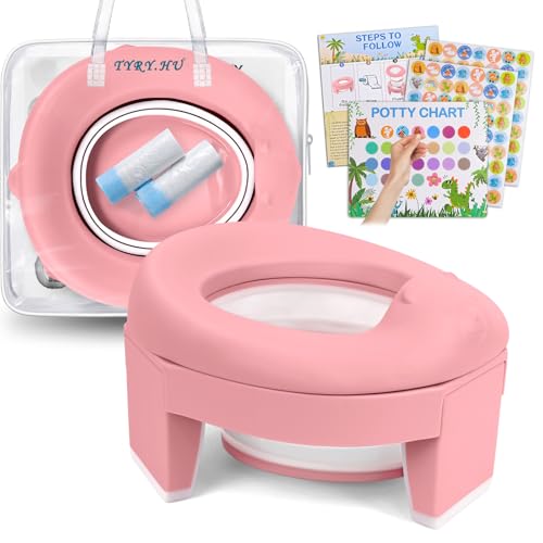 Töpfchen Toilettensitz Kinder 3 in 1 Faltbare WC Baby Potty Training EVA Sitze AuBen Innen Tragbar Reisetöpfchen mit Reisetasche und Einweg Liner Müllsäcke für ab 1 2 Jahre Jungen und Mädchen(Rosa)