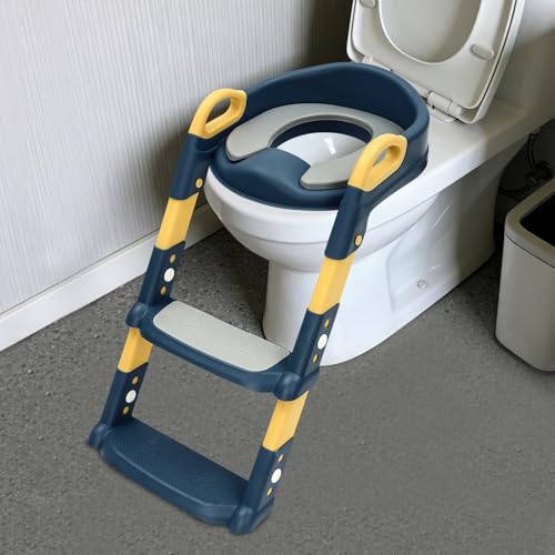 Kinder Toilettensitz mit Treppe, 2-7 Jahre, 6-stufig höhenverstellbar, klappbarer Toilettentreppe, PP-Material mit PU-Kissen & Anti-Rutsch-Pads, passend für V/U/O-Form Toiletten (Blau)