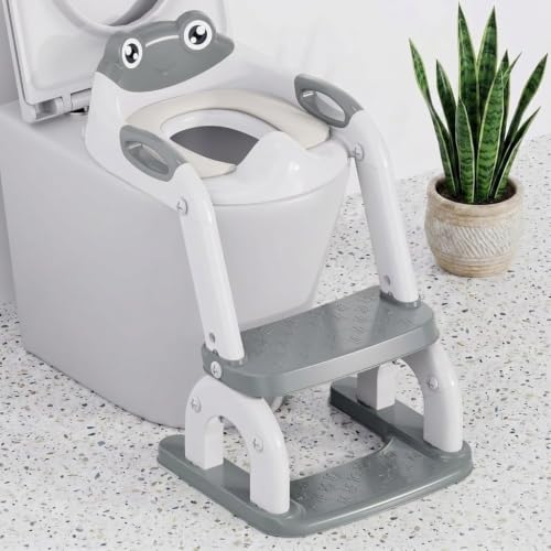 Toilettensitz Kinder mit Treppe – 8-fach Höhenverstellbar & Extra Breites Trittbrett – Rutschfester Toilettentrainer mit Weichem Sitz & Spritzschutz